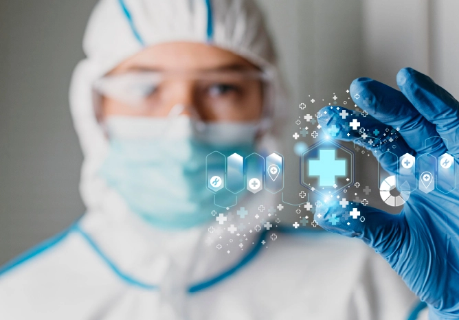 家安生醫|預防醫學|穿著防護衣的醫學人員,指尖觸碰發光的十字醫療圖示,象徵預防醫學與精準防護,結合數位統計數據分析。